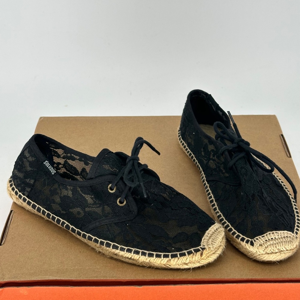 Soludos Black Floral Lace Espadrilles Jute Woven Soles Boho Lace Up Shoes 8